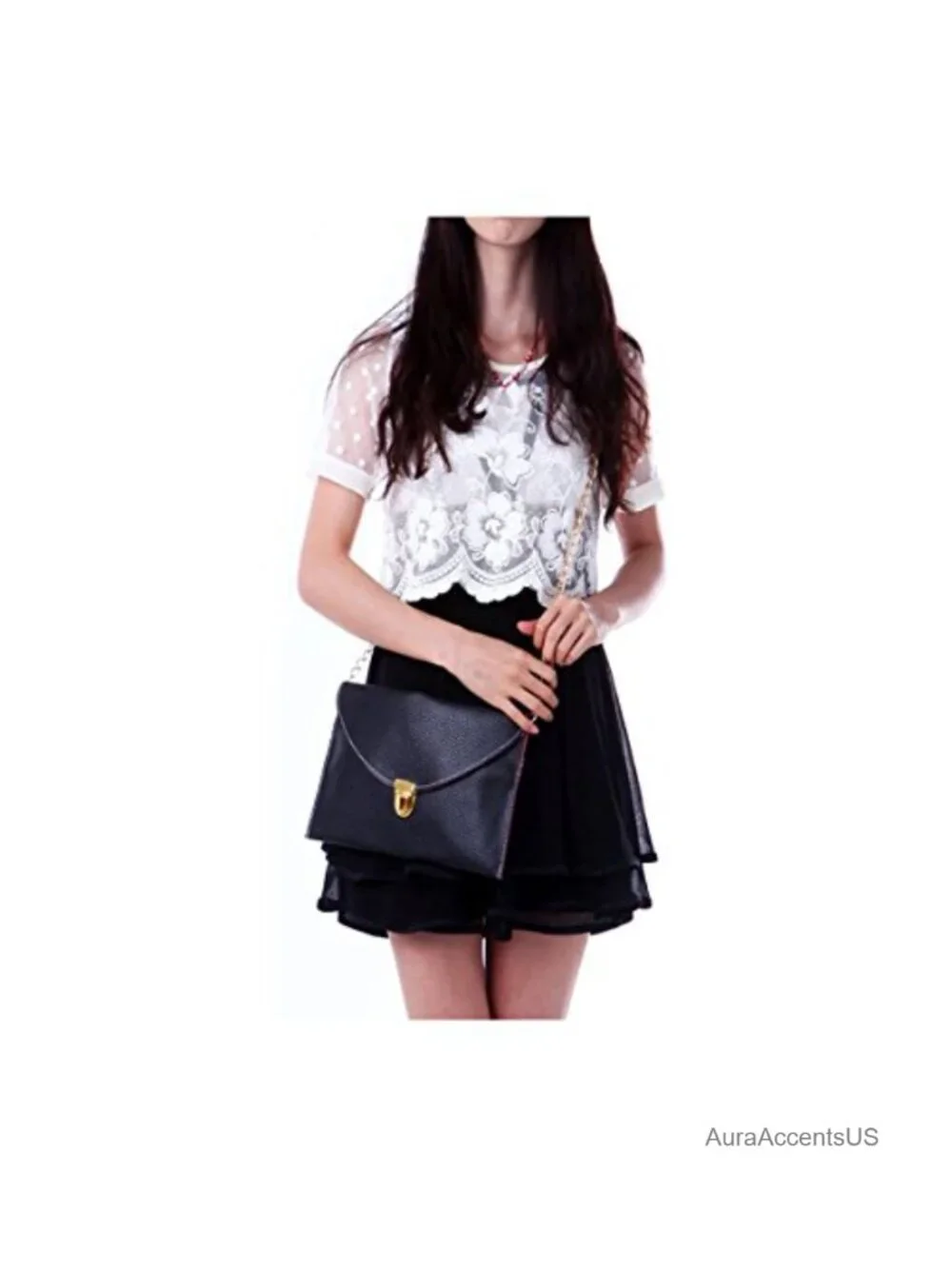 Faux Leather Envelope Clutch Crossbody Bag with Chain Strap